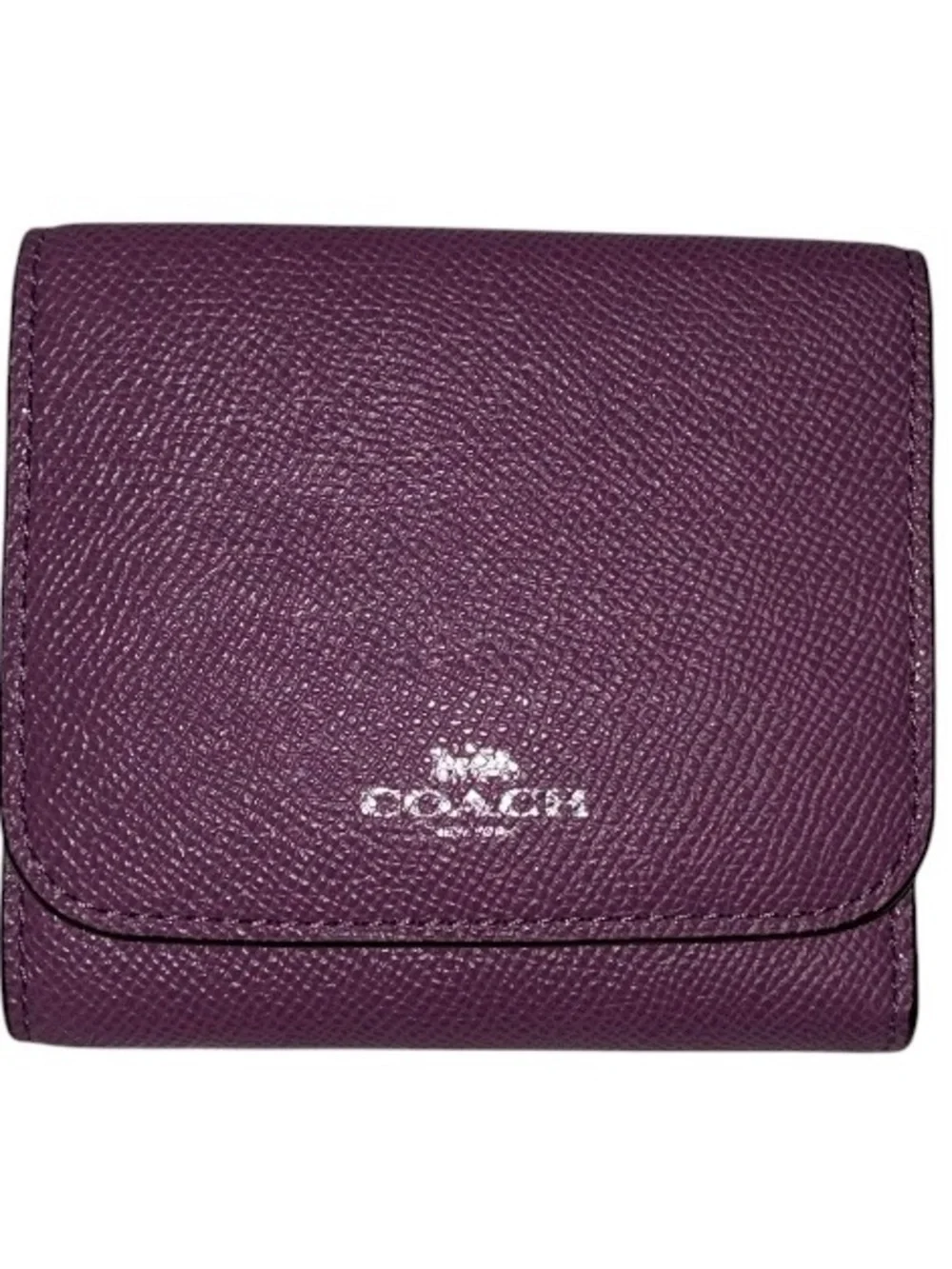 Coach Compact Trifold Pebbled Leather Wallet button closure in Plum/Purple.